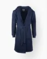 Detailed view of the dark blue hooded bathrobe with belt, showcasing soft fleece fabric. - Navy Blue