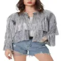Silver tinsel fringe carnival festival party cloak jacket paired with denim shorts top - 3XL / Tops / Silver