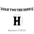 Halloween skeleton theme party banner detail showing letter dimensions and 15pcs set. - Black Finger Banners, 15 Pcs