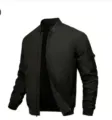 Détail veste bomber décontractée noire pour homme, manteau uni zippé avec poche de manche. - Noir