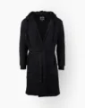 Comfortable black hooded bathrobe with belt and pockets, soft lounge sleepwear robe for men. - Black