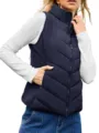 Navy Blue Quilted Puffer Vest Sleeveless Stand Collar Casual Outerwear for Women Autumn Winter - S / Tops / Navy Blue