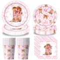 Rosa Schleife Cowboy Einweg Party Geschirr Set mit Pappteller Bechern und Servietten. - Schleife Cowboy / 4-teiliges Set: (7 Zoll 10 + 9 Zoll 10 + Becher 10PCS + Servietten 20)