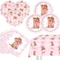 Rosa Westernstiefel und Schleife Party Geschirr Set mit Tellern, Servietten und Tischdecke. - Schleife Cowboy / 4-Teiliges Set (7Zoll 10 + 9Zoll 10 + Servietten 20 + Tischdecke 1)