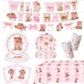 Rosa Cowgirl Motto Partygeschirr Set mit Papptellern, Bechern, Servietten, Banner - Schleife Cowboy / 6-teiliges Set (Teller/Servietten/Becher/Tischdecke/Banner)
