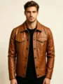 Veste utilitaire retro en cuir PU marron pour hommes vetements d'exterieur automne - Café