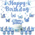 Blue butterfly birthday party decoration details, hanging swirls and cake topper elements. - Blue Butterfly 4-Piece Decor Set