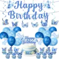 Blue butterfly birthday party decoration set with hanging swirls, balloons, and cake toppers. - Blue Butterfly 5-Piece Decor Set