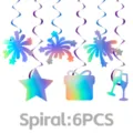 Holographic hanging spiral party decoration details, colorful swirl and festive shapes for events. - Set of 6 / Iridescent Happy New Year Swirls (New Year Party Decoration)