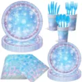 Blaues Schneeflocken Party Geschirr Set mit Papptellern Bechern Servietten und Besteck. - 7-teiliges Set (Blaue Schneeflocke) / 10 7-Zoll-Teller + 10 9-Zoll-Teller + 10 Tassen + 20 Servietten + 10 Messer/Gabeln/Löffel