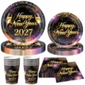 Black and gold New Year party tableware set including paper plates, cups and napkins for 2027. - Four-Piece Set / Black Gold Fireworks