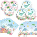 Unter dem Meer Geburtstag Party Geschirr Set mit niedlichen Meerestieren Papiertellern. - Meerestier-Geschirr-Stil / 4-teiliges Set (Teller+Servietten+Tischdecke)