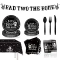 Black skeleton hand theme party tableware set including paper plates, cups, napkins, and banner. - Black Finger 9-Piece Set