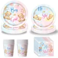 Gender Reveal Party Geschirr Set mit süßem Teddybär, rosa und blauen Tellern und Bechern. - 4-teiliges Set (Pappteller Becher Servietten)
