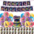Farbenfrohes Neon-Leopardenmuster Party Deko Set mit Girlande Luftballons und Torten-Deko. - 4-teiliges Set
