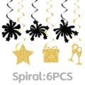New Year party hanging swirl decorations 6pcs set with glitter black stars and gold gift shapes - Set of 6 / Black Gold Happy New Year Swirls (New Year Party Decoration)