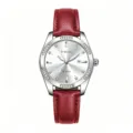 Elegante Damen QuarzUhr mit rotem Lederarmband silbernem Zifferblatt und funkelnden Strasssteinen. - Silbernes Gehäuse Rotes Armband Weißes Zifferblatt