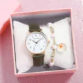 Stylish women quartz watch and cute charm bracelet gift set with green leather strap - Green