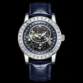 Herren Luxus Sternenhimmel Zifferblatt Diamant Lünette Uhr mit blauem Lederarmband Datum - Silbernes Gehäuse Blaues Zifferblatt Blaues Armband