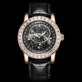 Luxus Sternen Zifferblatt Herren Quarzuhr mit schwarzem Lederarmband und glitzernder Lünette. - Roségold Gehäuse Schwarzes Zifferblatt Schwarzes Armband