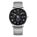 Men's quartz watch with steel strap, black dial, Roman numerals, and calendar display. - Spring Strap Watch with Silver Case and Black Dial