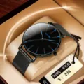 Herren schwarze Quarzuhr mit Mesh-Armband, minimalistische analoge Armbanduhr fuer Herren. - Mesh-Armbanduhr mit blauen Zeigern