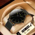 Herren minimalistische Quarzarmbanduhr mit schwarzem Mesh-Armband, schicke Freizeit-Uhr in Box. - Mesh-Armbanduhr mit gelben Zeigern