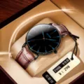 Men minimalist quartz watch with black dial blue markers and brown leather strap for daily wear. - Brown Leather Strap Blue Hand