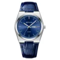 Herren Quarzuhr mit blauem Zifferblatt und blauem Lederarmband sowie Datumsanzeige. - Silbernes Gehäuse Blaues Zifferblatt Blaues Armband