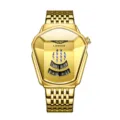 Goldene Quarzuhren fuer Herren mit einzigartigem geometrischem Gehaeuse und Metallarmband. - Stahlarmband-Stil / Vollgold