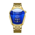 Luxus goldene Quarzuhr für Herren mit einzigartigem blauem facettiertem Zifferblatt. - Stahlarmband-Stil / Goldgehäuse Blaues Zifferblatt