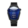 Futuristisch quartz horloge voor heren met unieke geometrische kast en blauwe wijzerplaat. - Stalen Band Stijl / Zwarte Kast Blauwe Wijzerplaat
