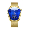 Luxe gouden kwartshorloge voor heren met unieke blauwe hoekige wijzerplaat en mesh band. - Mesh Band Stijl / Gouden Kast Blauwe Wijzerplaat