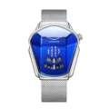 Heren quartz horloge met unieke blauwe facet wijzerplaat en zilveren stalen mesh horlogeband. - Mesh Band Stijl / Zilveren Kast Blauw Wijzerplaat