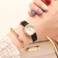 Chice minimalistische Damenarmbanduhr im Ins-Stil mit schwarzem Lederarmband und Quarz. - Schwarzes Armband mit weißem Zifferblatt und Index