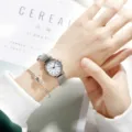 Close-up detail of women's quartz watch with white dial, Roman numerals, and mesh metal band. - Silver Strap Roman White Dial