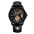 Herren Automatikmechanikuhr mit schwarzem Zifferblatt roségoldenen Indizes und braunem Lederarmband - Schwarzes Band Schwarzes Gehäuse Schwarzes Zifferblatt