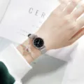 Minimalist women quartz watch featuring mesh metal strap and elegant floral bracelet. - Silver Band Numeric Black Dial