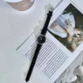 Minimalist retro women quartz watch with thin black leather strap and delicate small dial detail. - Black Strap Black Face