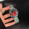 Orologio da polso da uomo in metallo argentato elegante con quadrante fiamma rossa - Rosso fiamma (cinturino in acciaio massiccio)