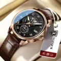 Herren Luxus Business Quarzuhr mit braunem Lederarmband und multifunktionalem Zifferblatt. - Braunes Armband Goldgehäuse Schwarzes Zifferblatt