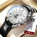 Elegante Herren Business Automatikuhr mit echtem Lederarmband und multifunktionalem Zifferblatt. - Schwarzes Band Silbernes Gehäuse Weißes Zifferblatt