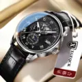 Luxus Herrenuhr mit schwarzem Lederarmband, römischen Ziffern und Multifunktionszifferblatt. - Schwarzes Band Silbernes Gehäuse Schwarzes Zifferblatt