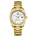 Herren Gold Edelstahl Uhr wasserdicht klassischer Doppelkalender Leuchtquarz Armbanduhr elegantes Design - Modell S3 mit Stahlarmband, Goldgehäuse & weißem Zifferblatt
