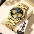 Men's gold quartz watch with black dial stainless steel strap luxury chronograph waterproof business casual timepiece - Gold Case with Black Dial