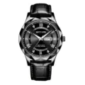 Men's quartz watch with black leather strap geometric bezel and date display sleek style - Black Case Black Face