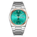 Men's quartz watch with steel strap, green dial and date display for business fashion wear. - Rose Gold Case Green Dial