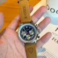 Herren Quarz Chronograph Uhr mit blauem Zifferblatt und braunem Lederarmband, Business Uhr. - Silbergehäuse Blaues Zifferblatt