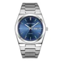 Herren Quarz Edelstahlarmbanduhr mit blauem Zifferblatt und integriertem Armband Business. - Silbernes Gehäuse, Dunkelblau
