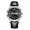 Men's quartz watch with black leather strap and silver faceted bezel for daily wear. - Silver Case Black Face